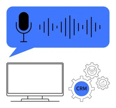 Monitor, Voice Command, and CRM Integration with Speech Bubble and Gear Icons 스톡 일러스트