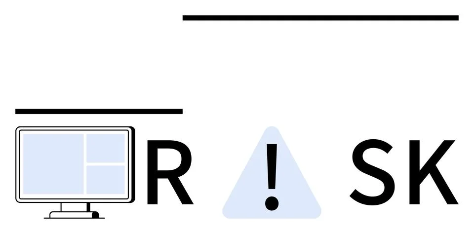 Monitor, warning triangle with exclamation mark, and RISK letters highlight d Stock Illustration
