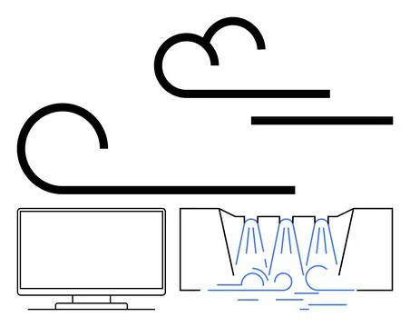 Monitor, Waterfalls, and Cloud Waves Depicting a Metaphor for Technology an.. Stock Illustration