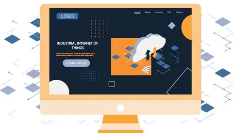 Monitor with webpage on topic of industrial internet of things. Modern cloud Stock Illustration