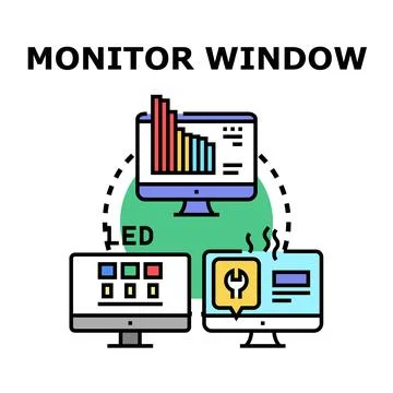 Monitor window concept visualizing data, settings, and network connection Stock Illustration