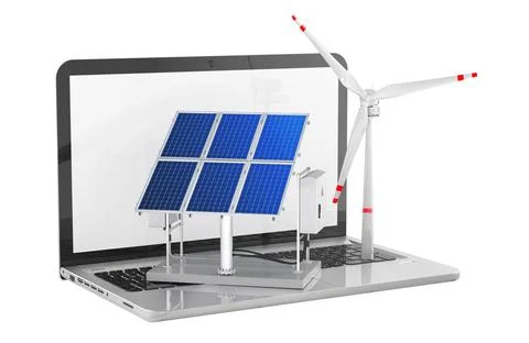 Monitoring and control of solar panels and wind  turbines. Laptop with sola.. 스톡 일러스트