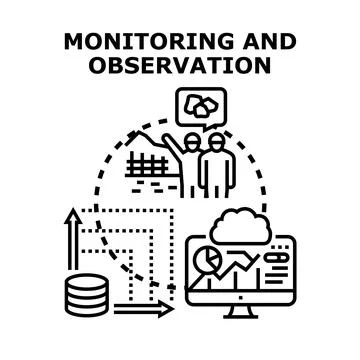 Monitoring and observation process showing data collection and analysis Stock Illustration