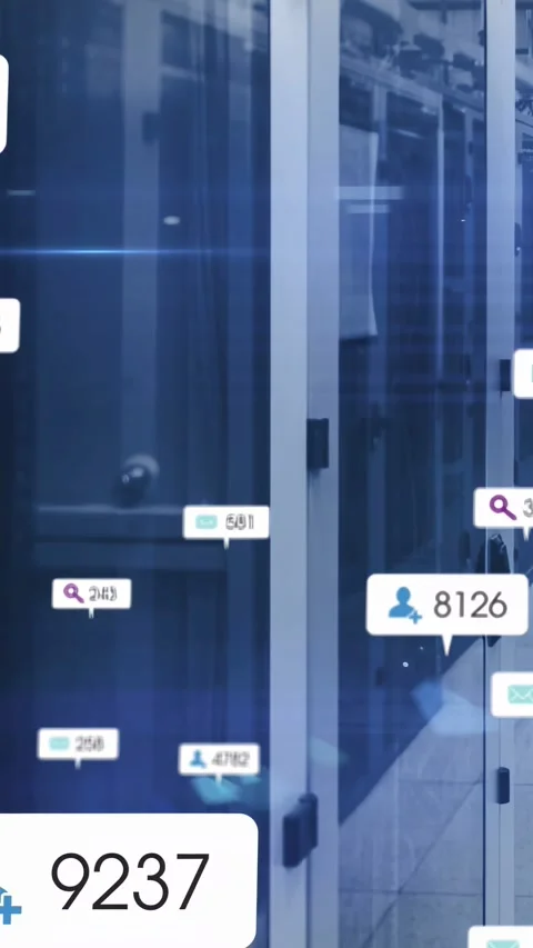 Monitoring app detecting events and generating metric badges filling server Stock Footage 332845692