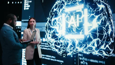 Monitoring artificial intelligence, laptop and team of engineers Stock Footage 330031374