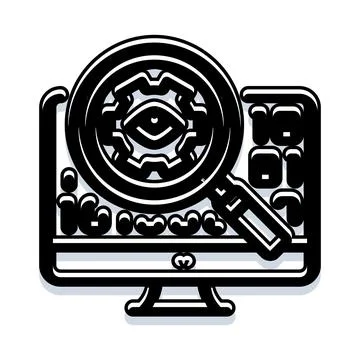 Monitoring a computer system with magnifying glass and eye icon Stock Illustration