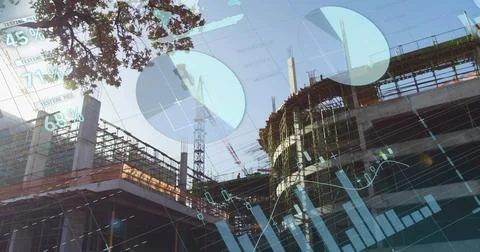 Monitoring concrete framework at site showing digital analytics overlays with Stock Photos
