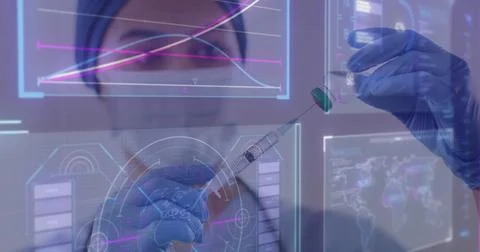 Monitoring data graphs, female lab tech holding syringe and vaccine vial at lab, Stock Photos