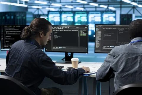 Monitoring, engineers and troubleshooting at data center workstation Stock Photos