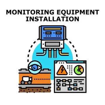 Monitoring equipment installation process and data analyzing Stock Illustration
