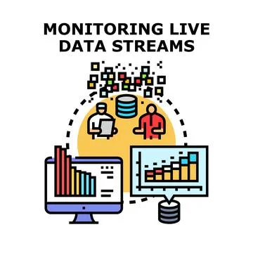 Monitoring live data streams collecting information analysis Stock Illustration