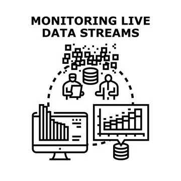 Monitoring live data streams collecting information analysis Stock Illustration