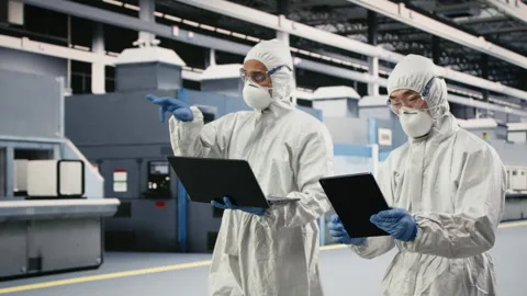 Monitoring microchip production, devices and engineering team brainstorming Stock Footage 333395510