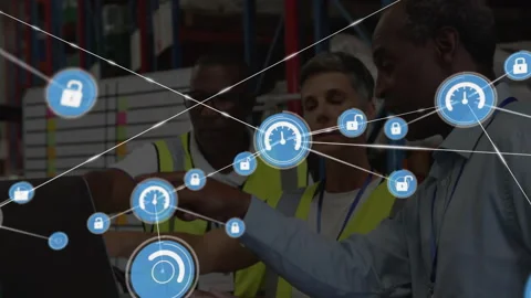 Monitoring network security and performance, animation over warehouse workers Stock Footage 303951315