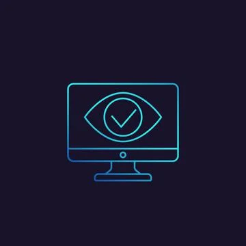 Monitoring, parental control icon, eye on computer screen, linear style Stock Illustration