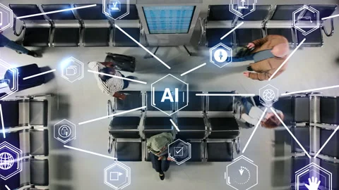 Monitoring passenger flow, AI VFX and top down view of people in airport Stock Footage 334936115