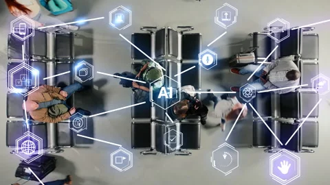 Monitoring passengers, AI deep learning model VFX and diverse group of people in Stock Footage 334935662
