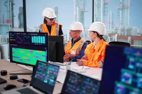 Monitoring Pipeline Data With Computer At Industrial Oil And Gas Plant. Stock Photos