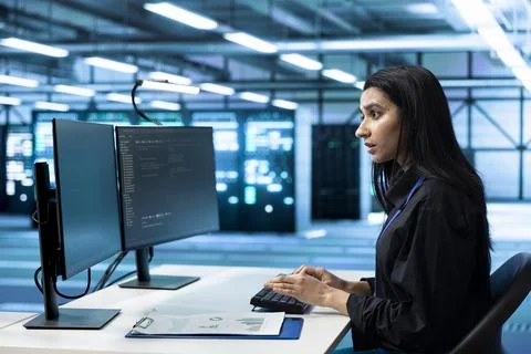Monitoring, programming and woman at data center workstation Stock Photos