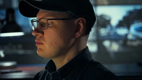 Monitoring security feeds an employee in glasses and protective gear stands Stock Footage 335461681