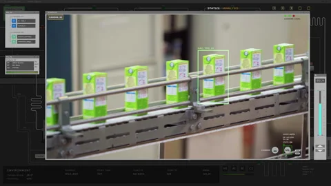 Monitoring Software interface is supervising the conveyor lines at milk factory Stock Footage 273322589