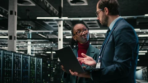 Monitoring systems, AR simulation and team brainstorming in data center Stock Footage 329591843