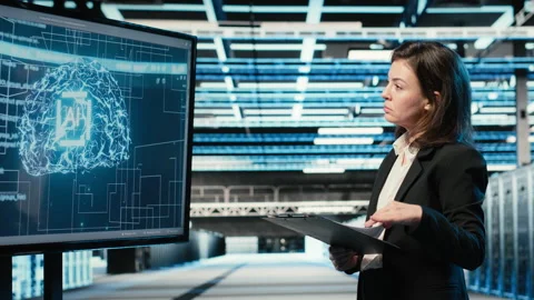 Monitoring systems, artificial intelligence tech and engineer in data center Stock Footage 329323292