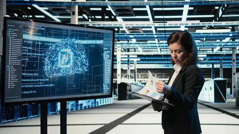 Monitoring systems, artificial intelligence tech and engineer in data center Stock Photos