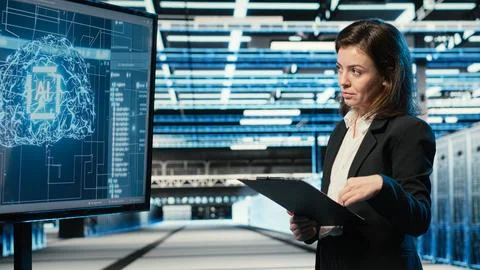 Monitoring systems, artificial intelligence tech and engineer in data center Stock Photos