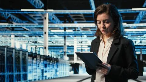 Monitoring systems, tablet and programmer in data center Stock-Fotos