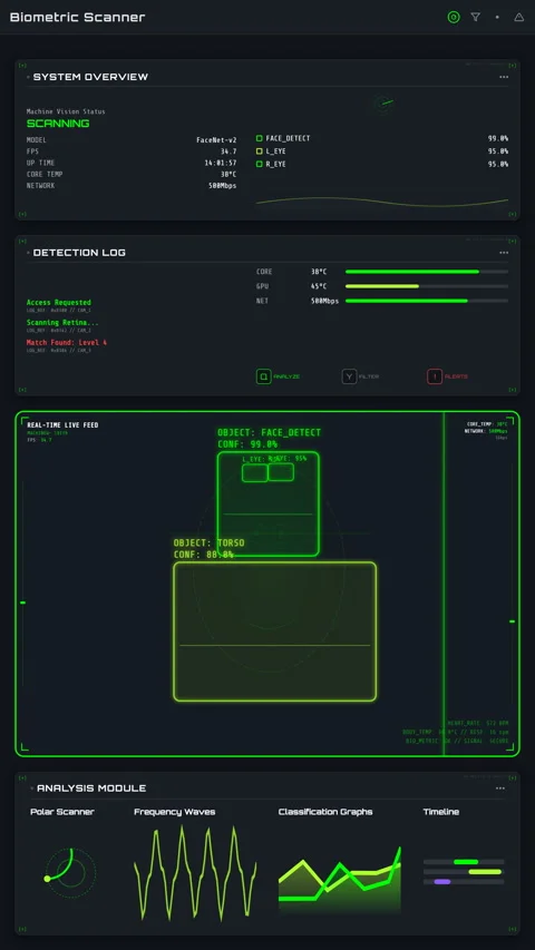 Monitoring telemetry of a towering facial scanner screen, Vertical 9:16 4K Stock Footage 340115460