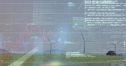 Monitoring three white wind turbines showing live market overlays on rural Stock Photos