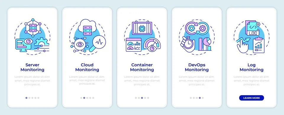 Monitoring types onboarding mobile app screen Illustrazione stock