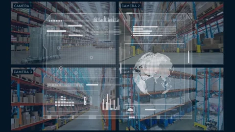 Monitoring warehouse with surveillance cameras, data analytics, and global Stock Footage 306266894