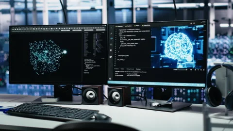 Monitors in data center displaying AI tech software interface Stock Footage 313568333