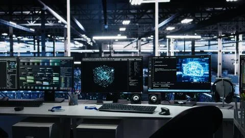 Monitors in data center displaying AI tech software interface Stock Photos