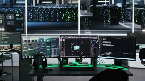 Monitors in data center displaying node tree interfaces monitoring gear health Stock Footage 309115230