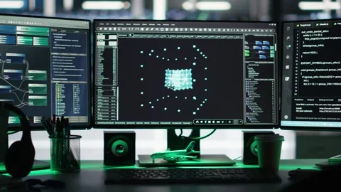 Monitors in data center displaying node tree interfaces monitoring gear health Stock Footage 309125413