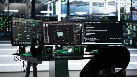 Monitors in data center displaying node tree programming software Stockfoto's