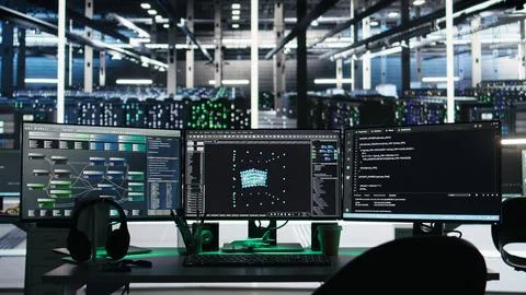 Monitors in data center displaying node tree programming software 库存照片