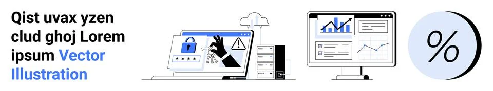 Monitors display security alerts, server, and data analytics charts. Ideal fo Illustrazione stock