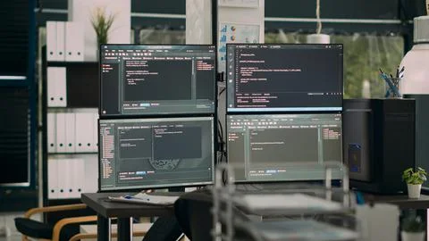 Monitors displaying parsing code in empty it agency office desk with computers Stock Photos