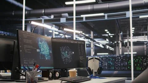 Monitors displaying status of data center hardware supporting AI workflows Stock Photos