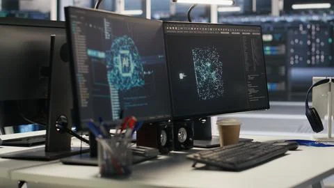 Monitors displaying status of data center hardware supporting AI workflows Stockfoto's