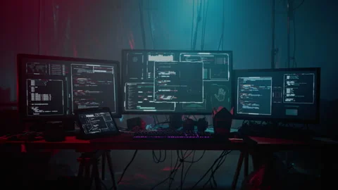 Monitors on hacker table in partially illuminated office Stock Footage 257817194