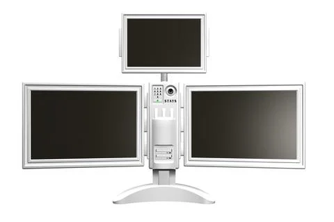 Monitors. Screens Electronics. 3D rendering of three monitors on one stand Stock Illustration