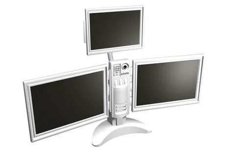 Monitors. Screens Electronics. 3D rendering of three monitors on one stand Stock Illustration