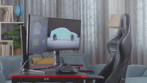 Monitors Of Two Desktop Computers Are Showing 3D Model Of Ev Car On The Working Stock Footage 233467192