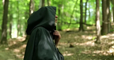 Monk from Behind Among Forest Trees Stock Footage 336694603