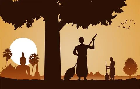 Monk clean temple area that is a routine of priest on sunset time under the t Illustrazione stock